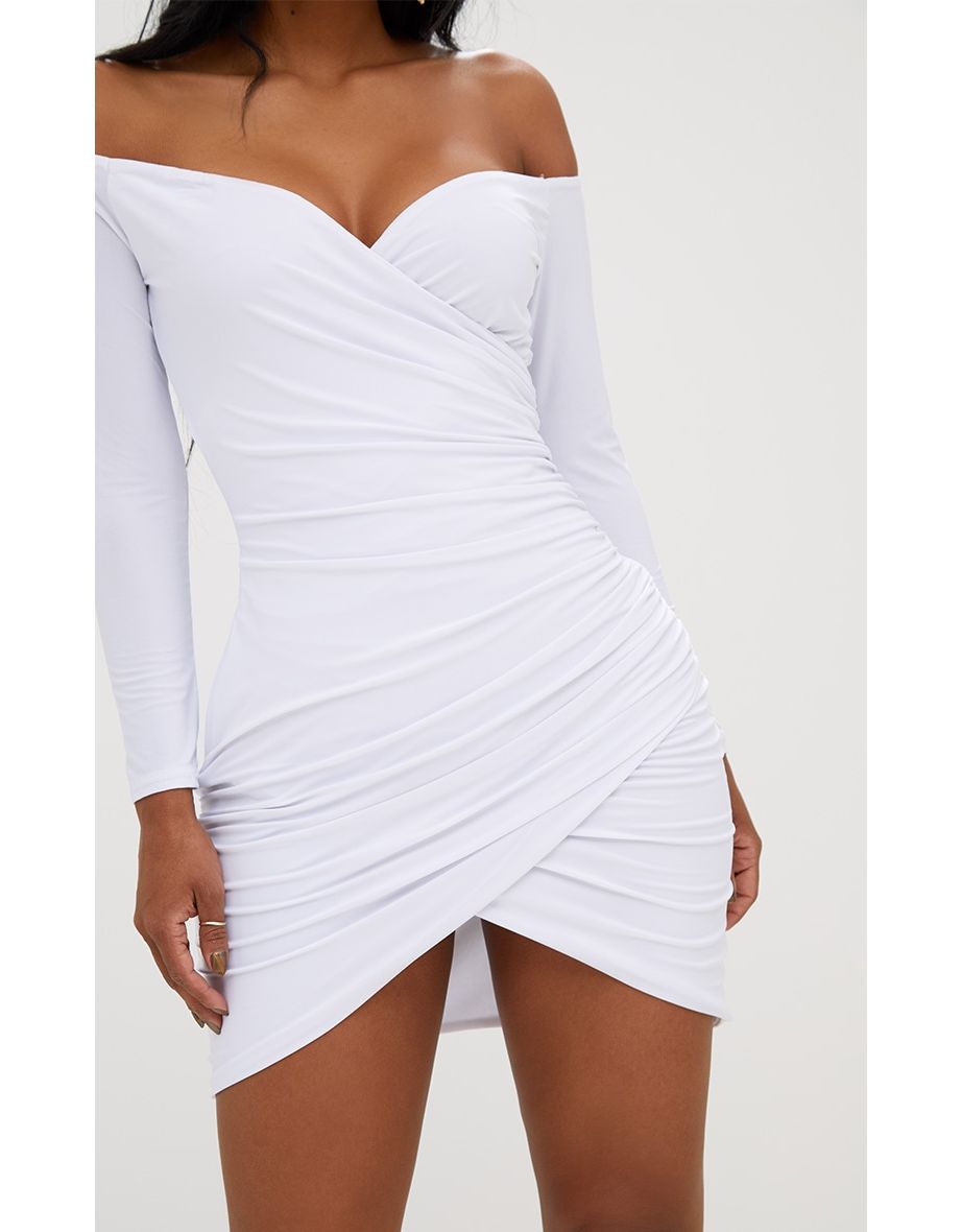 Shape White Ruched Bardot Bodycon Dress - 4