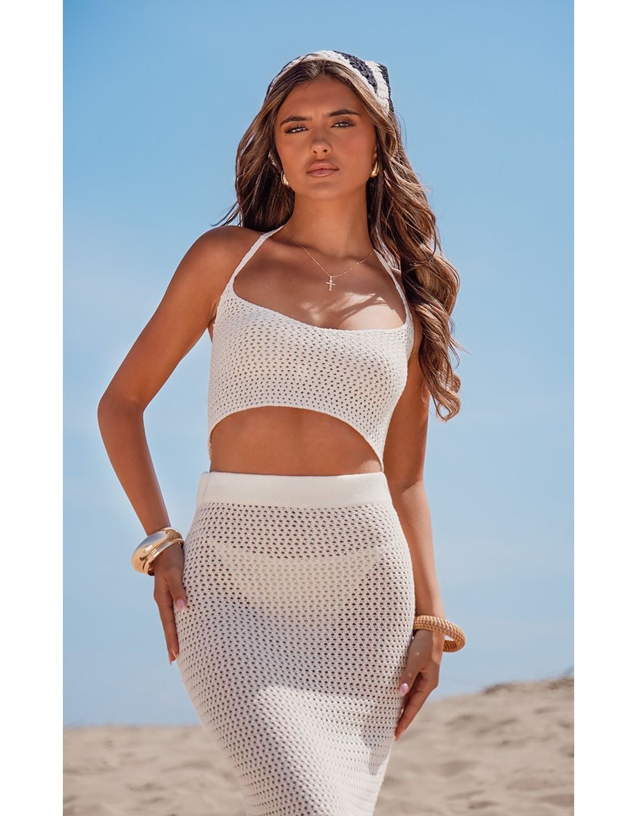 Cream Crochet Plain Knit Halterneck Crop Top