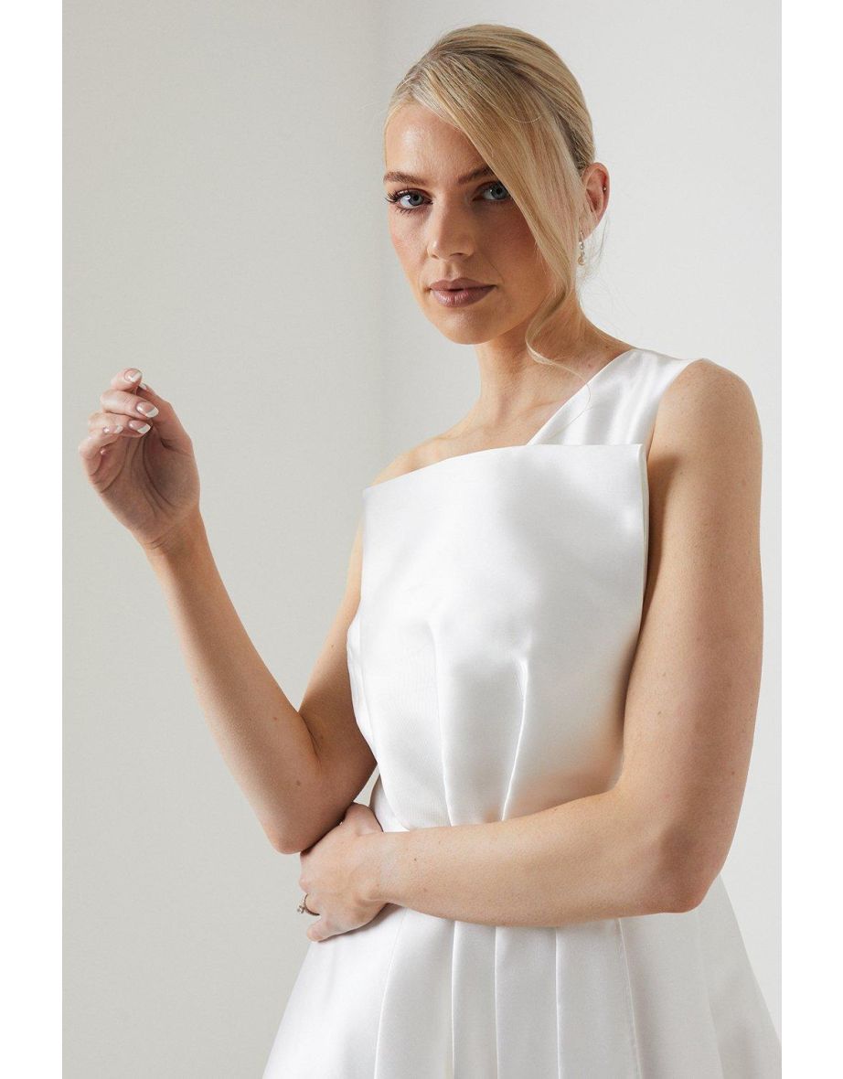 Waterfall Skirt Twill One Shoulder Wedding Dress - 3