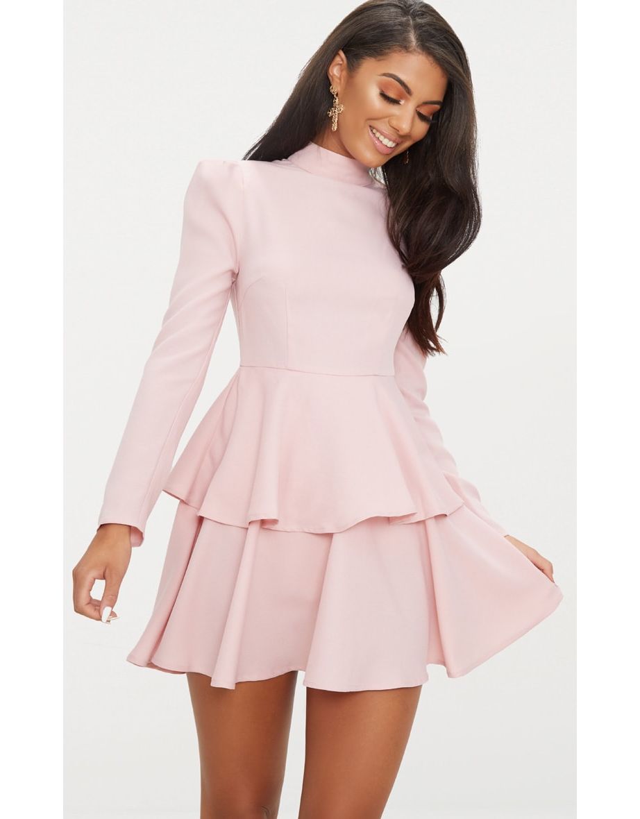 Dusty Pink High Neck Tiered Skater Dress