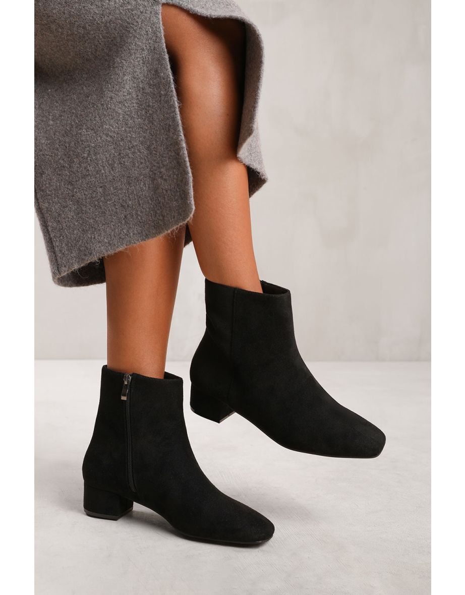 PHILADELPHIA LOW BLOCK HEEL ANKLE BOOT WITH SIDE ZIP IN BLACK SUEDE