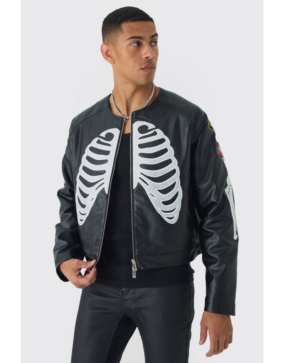 Boxy Rhinestone Ribcage Collarless PU Biker Jacket In Black
