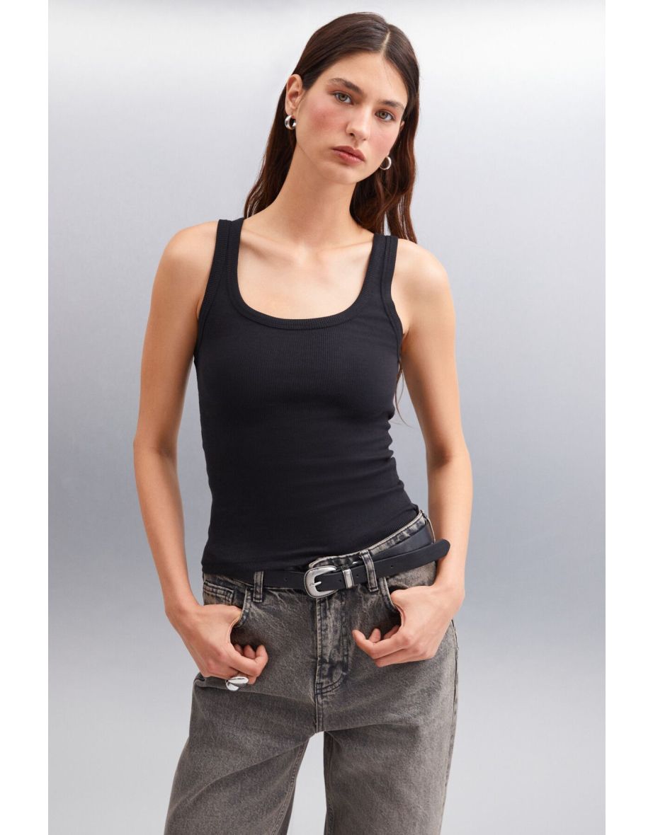 Romına Women's Ribbed Stretchy Fabric Organic Cotton Black Undershirt