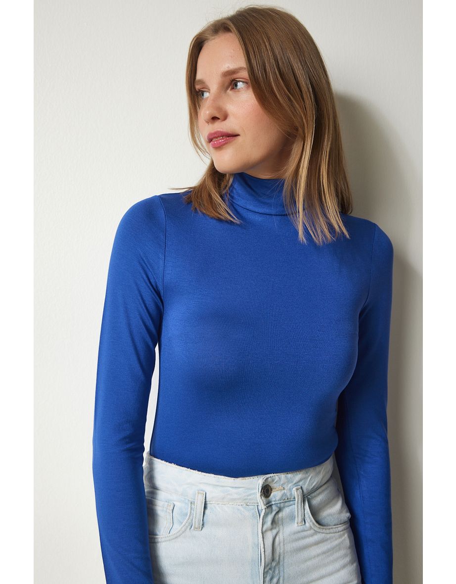 Women's Blue High Neck Wrap Elastic Knitted Blouse