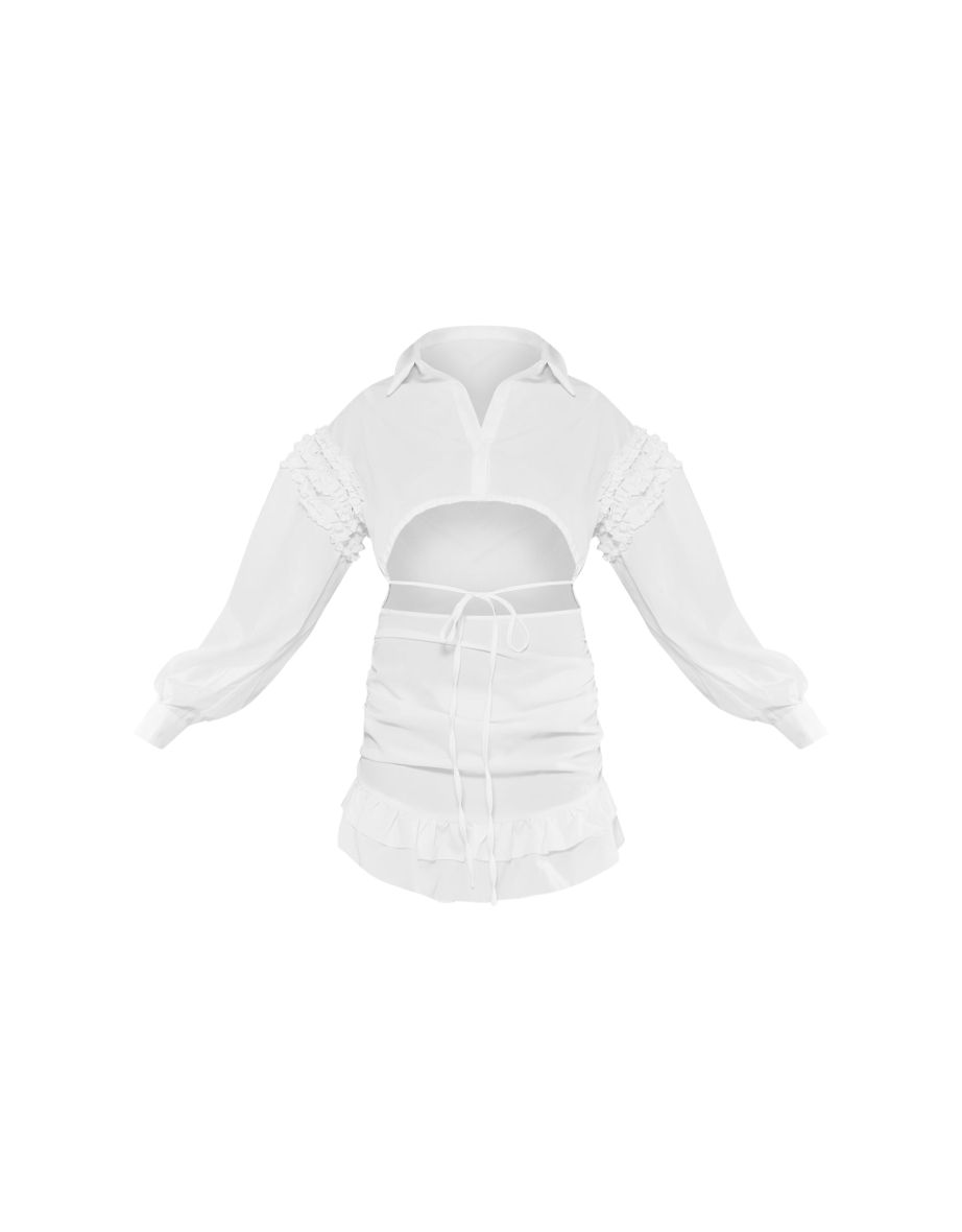 White Cotton Poplin Cut Out Frill Shirt Dress - 4