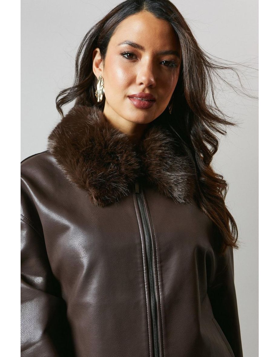 Fur Collar Faux Leather Bomber - chocolate - 3