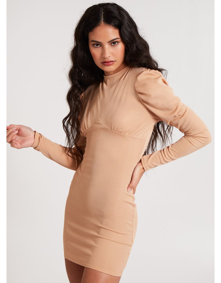 Ribbed Open Back Padded Shoulder Dress