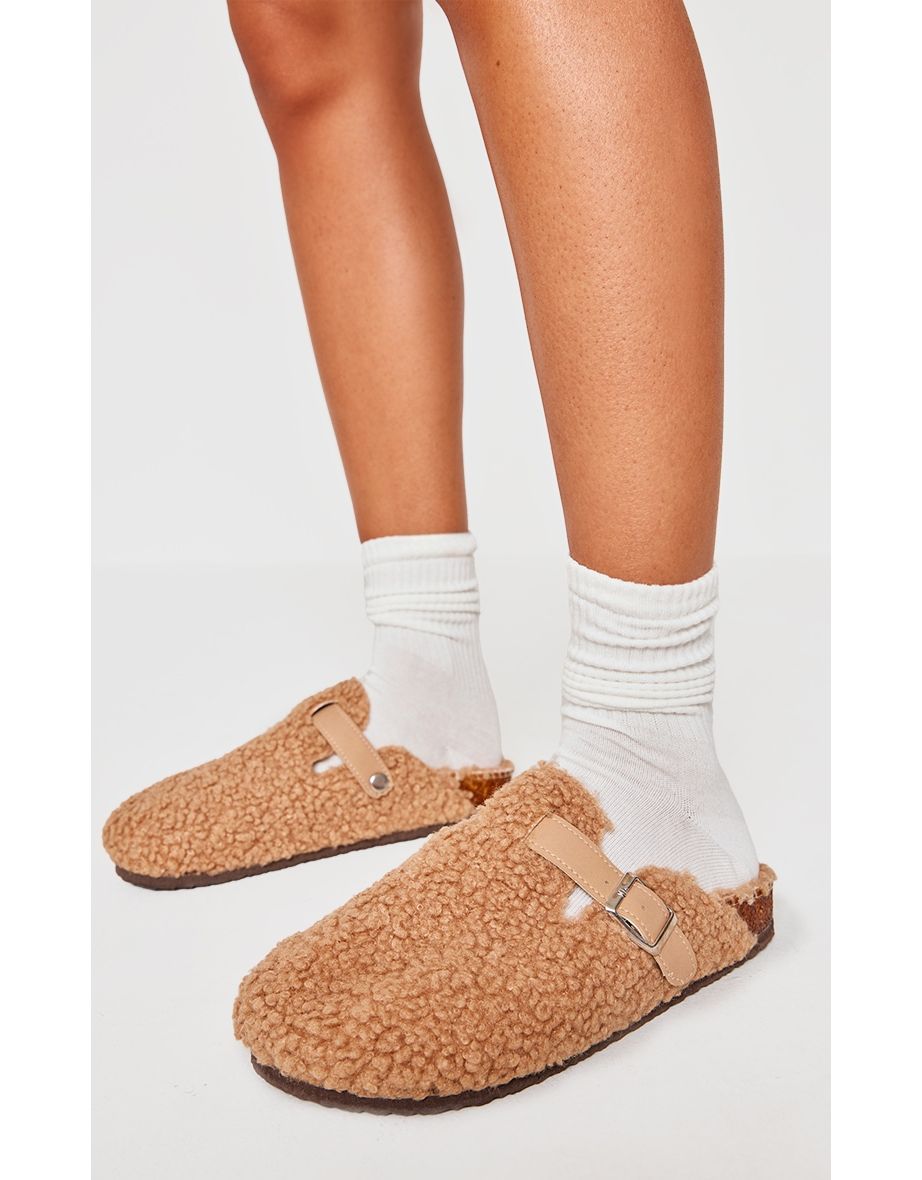 Camel Borg Round Toe Buckle Mule Clogs