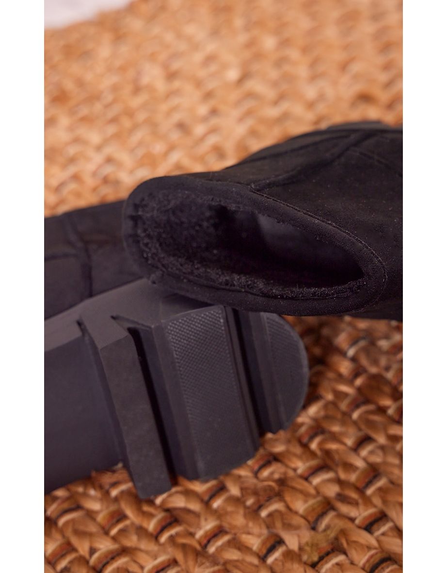 Black Faux Suede Round Toe Chunky Sole Ankle Boots - 3