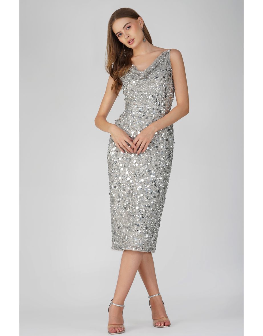 Marita Embellished Midi Dress in Silver