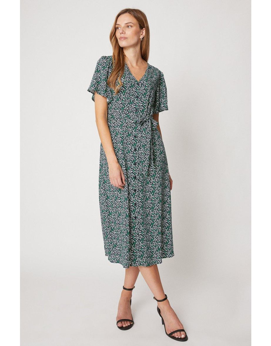 Button Through Midi Tea Dress Tie Belt