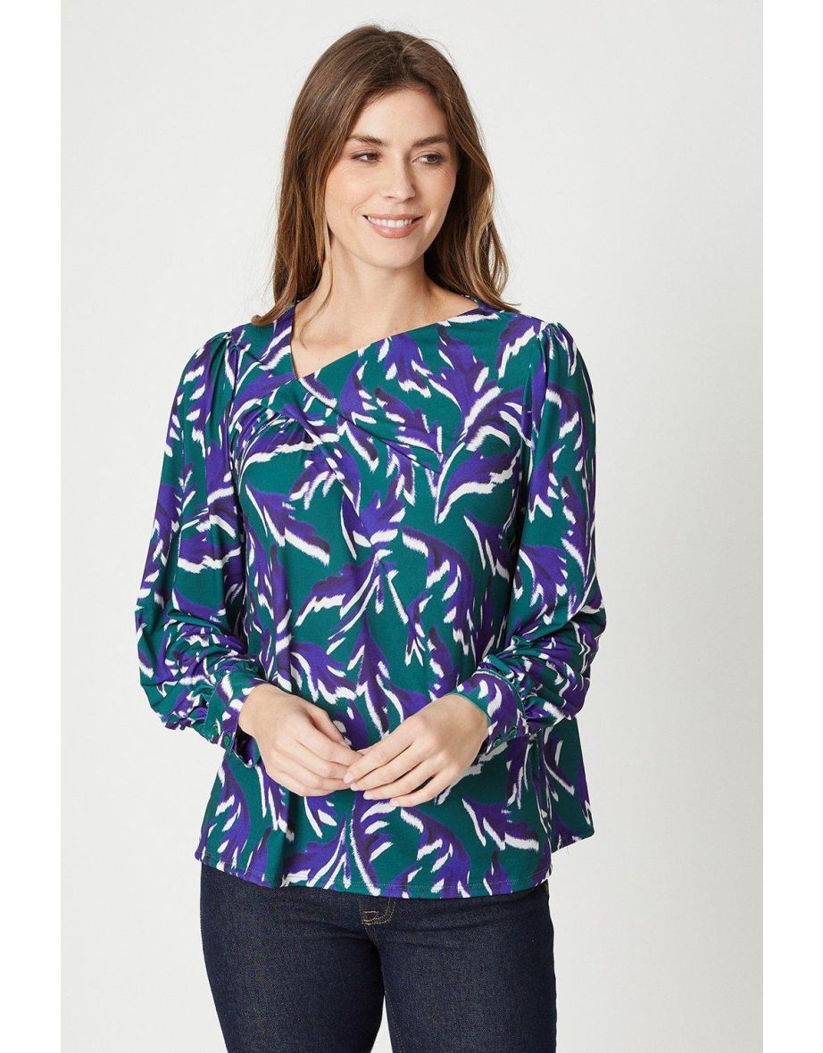 Abstract Geo Print Asymetric Neck Jersey Blouse