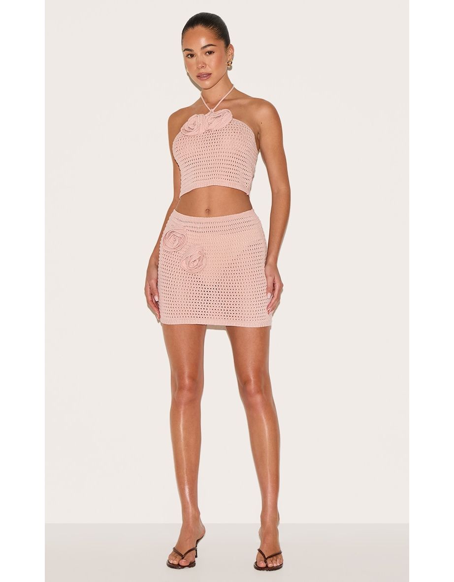 Dusty Pink Flower Applique Crochet Mini Skirt