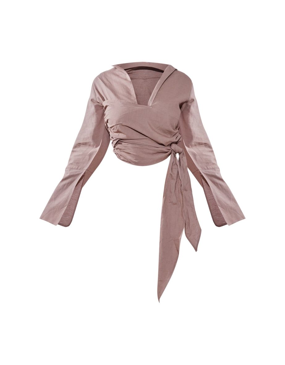 Plus Taupe Linen Look Wrap Tie Front Shirt - 4