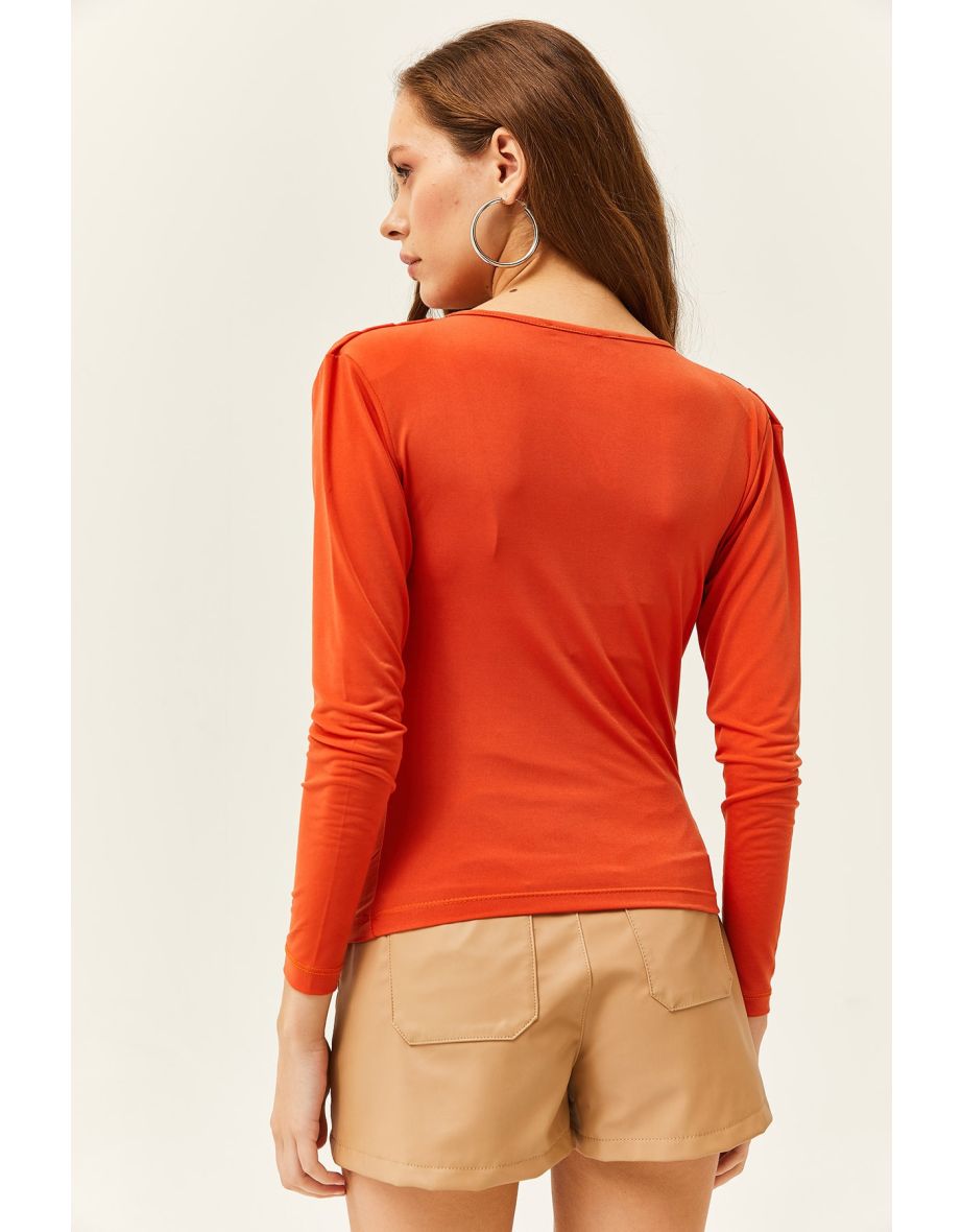 WOMEN'S ORANGE WAISTBAND PLEATED ROLL UP COLLAR BLOUSE - 4