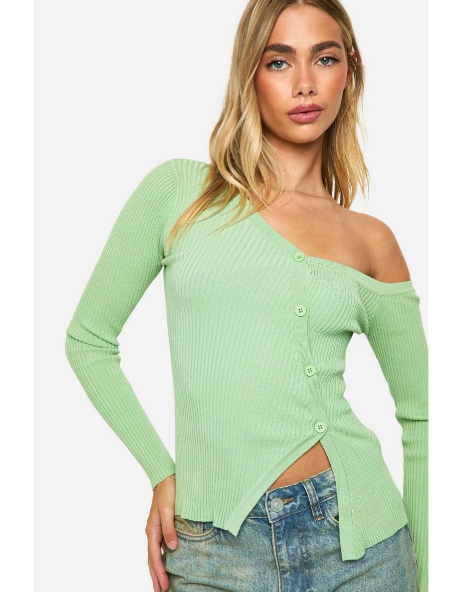 Premium Rib One Shoulder Knitted Top - green - 3