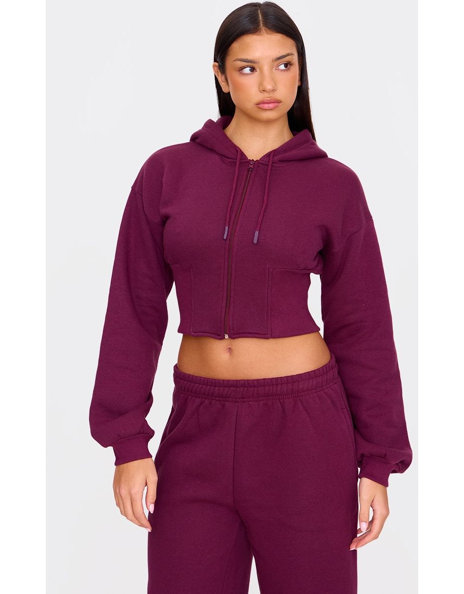 Burgundy Cinched Waist Cropped Zip Up Hoodie
