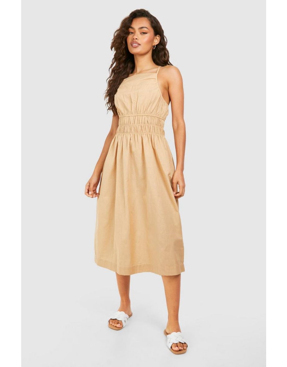 Strappy Linen Shirred Waist Midaxi Dress - stone