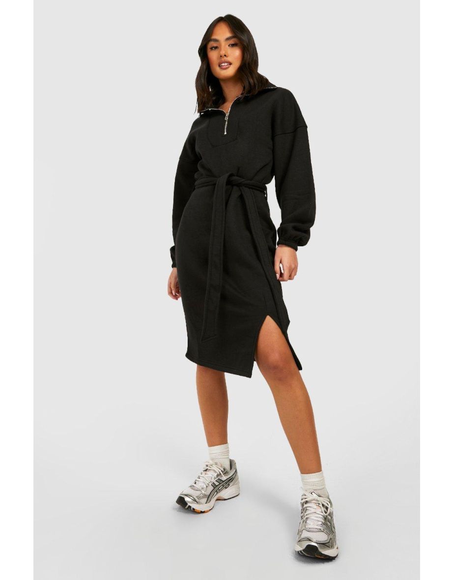 Half Zip Belted Sweatshirt Dress - black