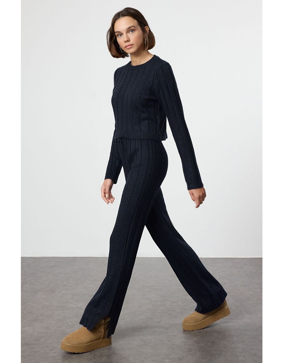 Navy Blue Crop Sweater-Pants Knitwear Bottom-Top Set
