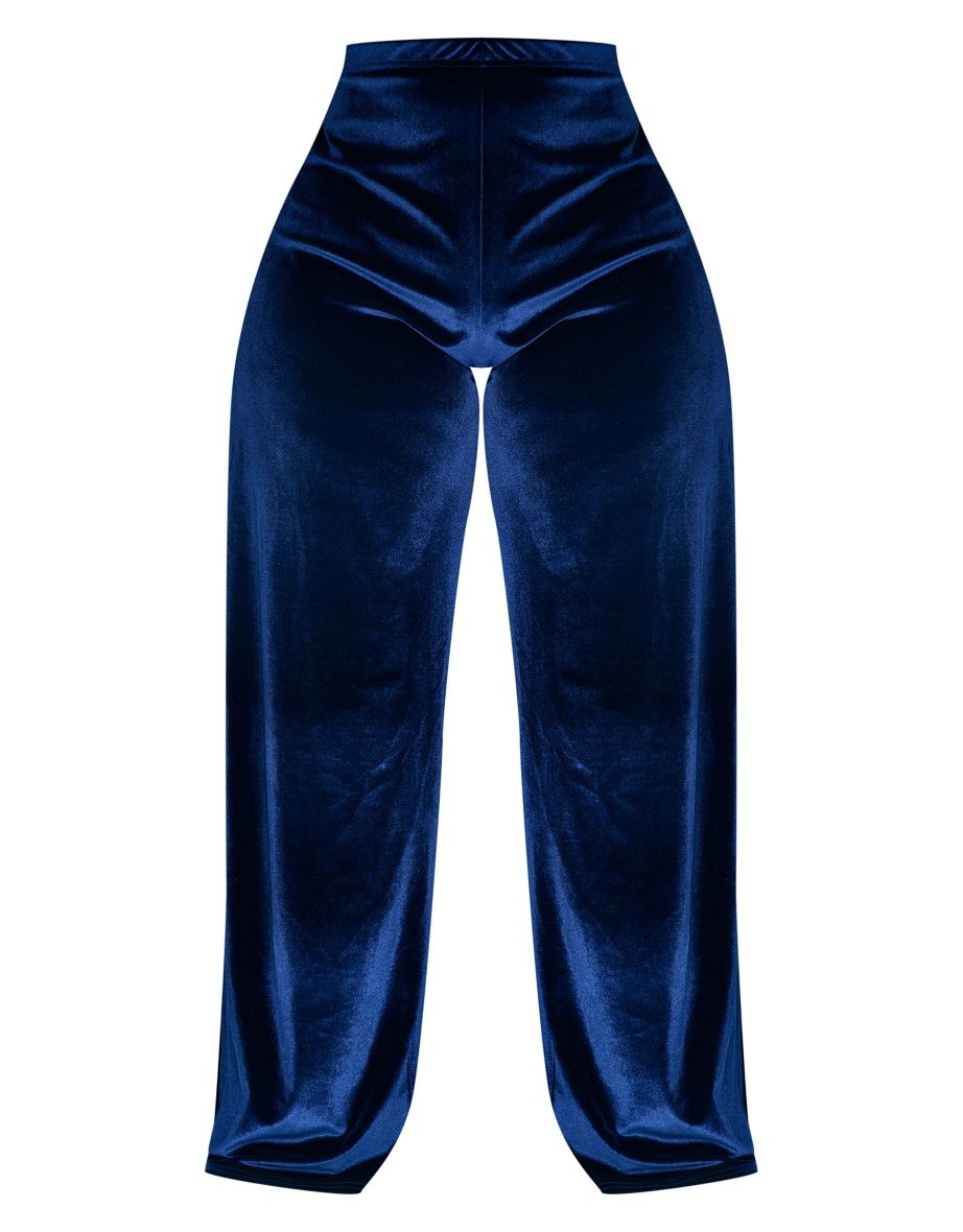 Plus Navy Velvet Wide Leg Trouser - 4