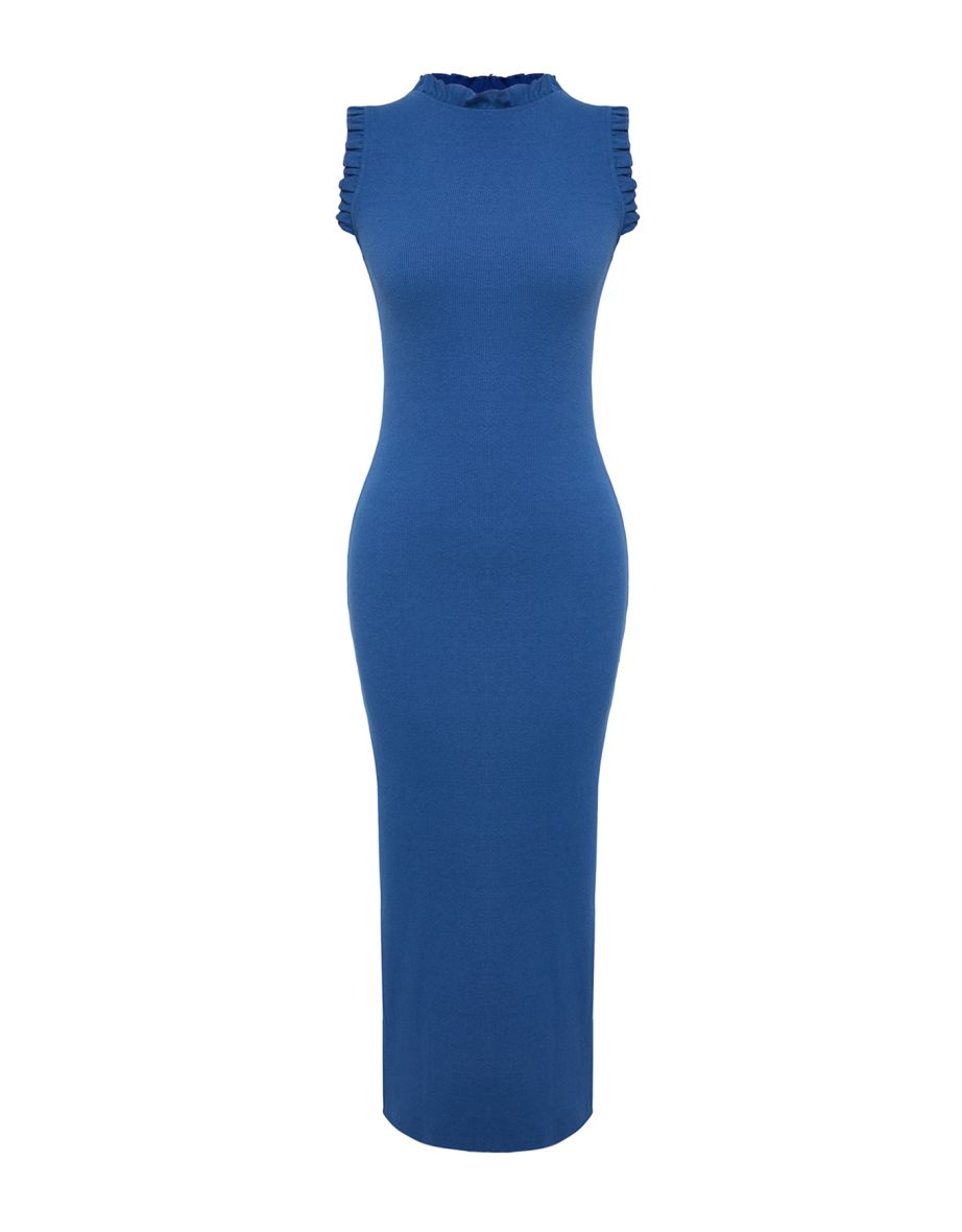 Indigo Crew Neck Ruffle Detail Fitted Ribbed Midi Smart Knitted Dress - 6