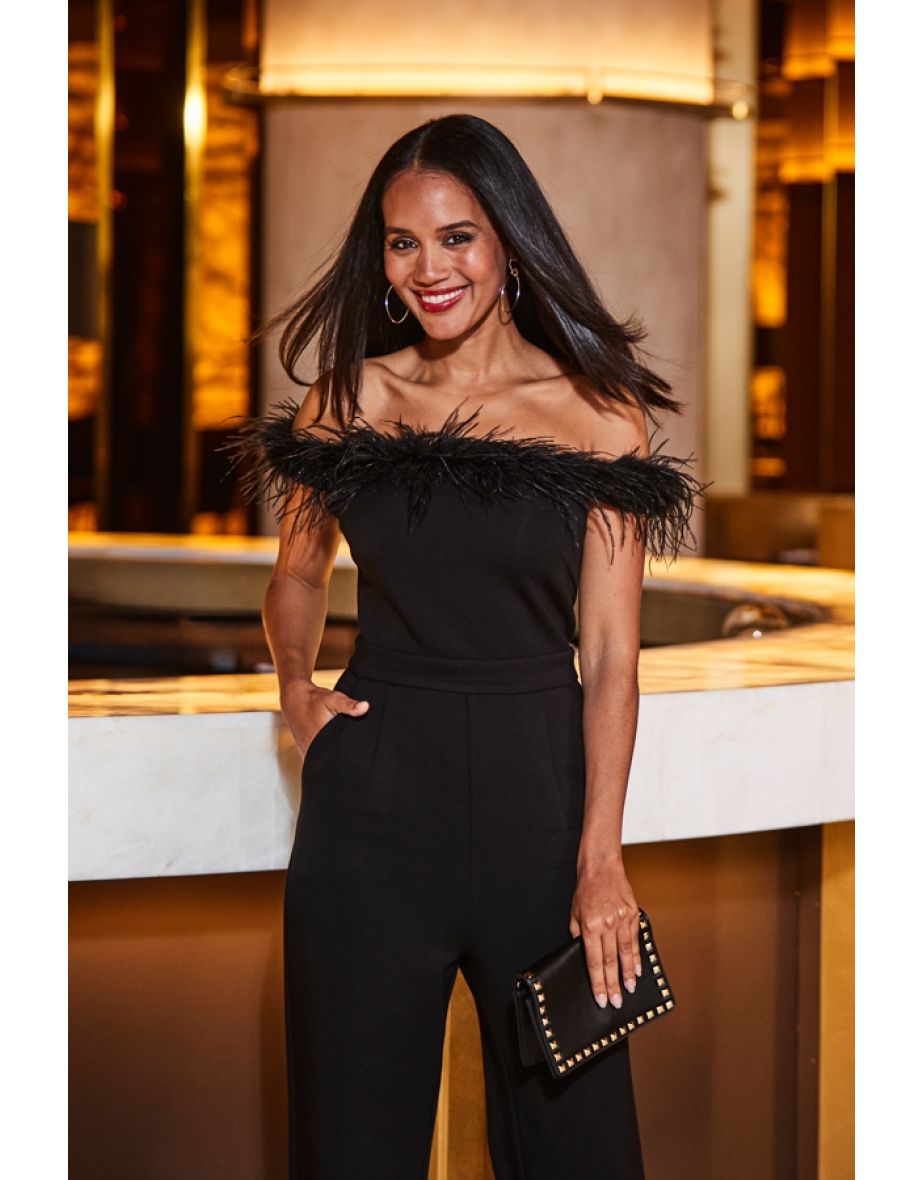 Black Bardot Feather Trim Jumpsuit - 4