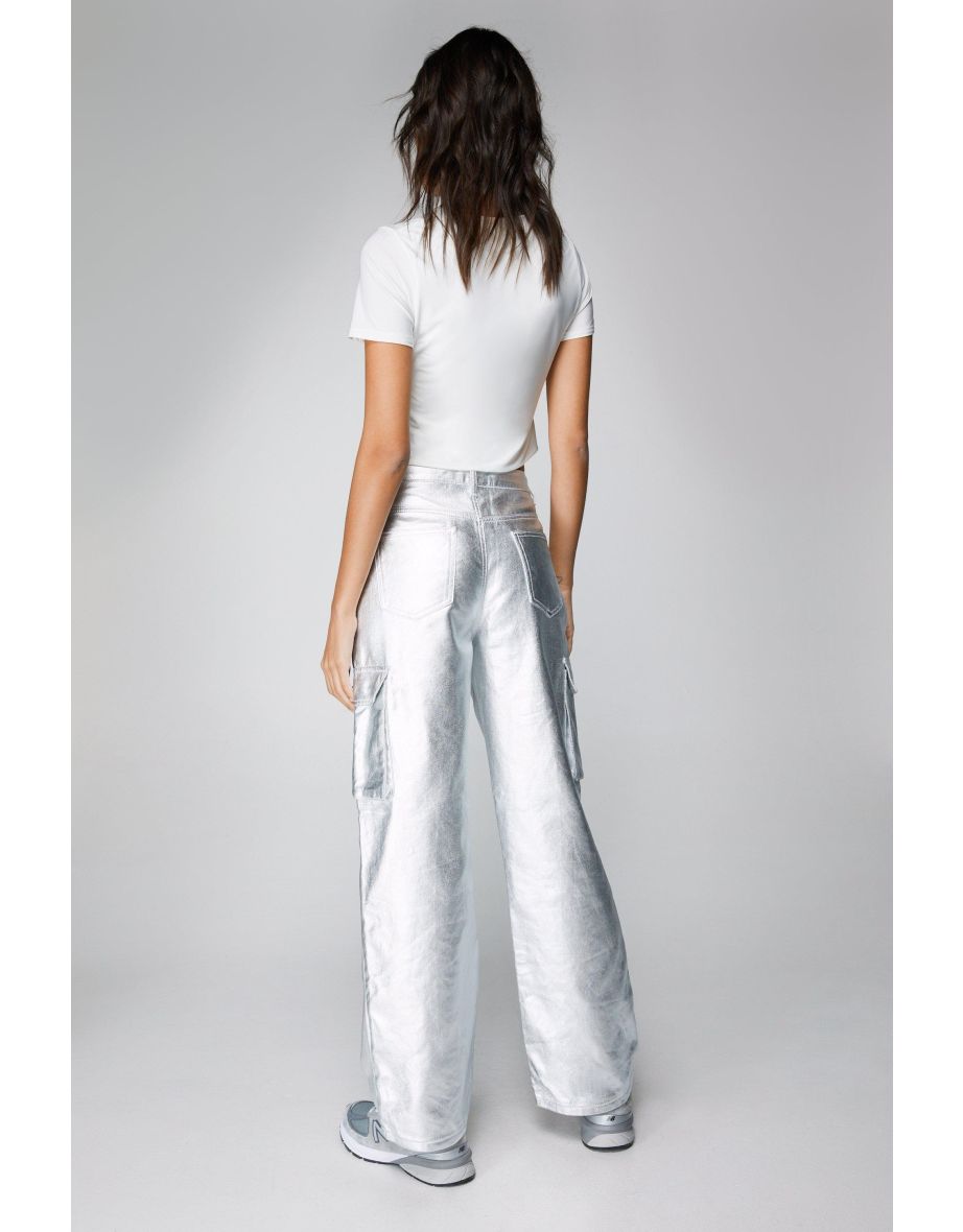 Metallic Coated Denim Cargo Jeans - 3