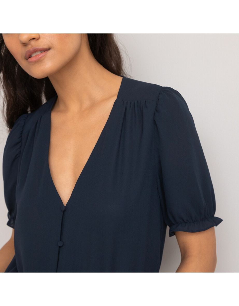 V-Neck Blouse with Short Puff Sleeves - 4