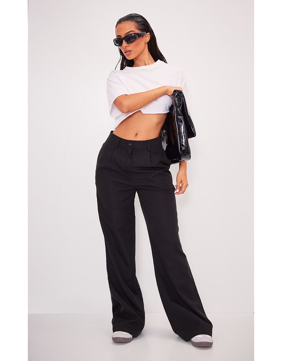 Shop Petite Black Peach Skin Straight Leg Trousers Online in Oman VogaCloset