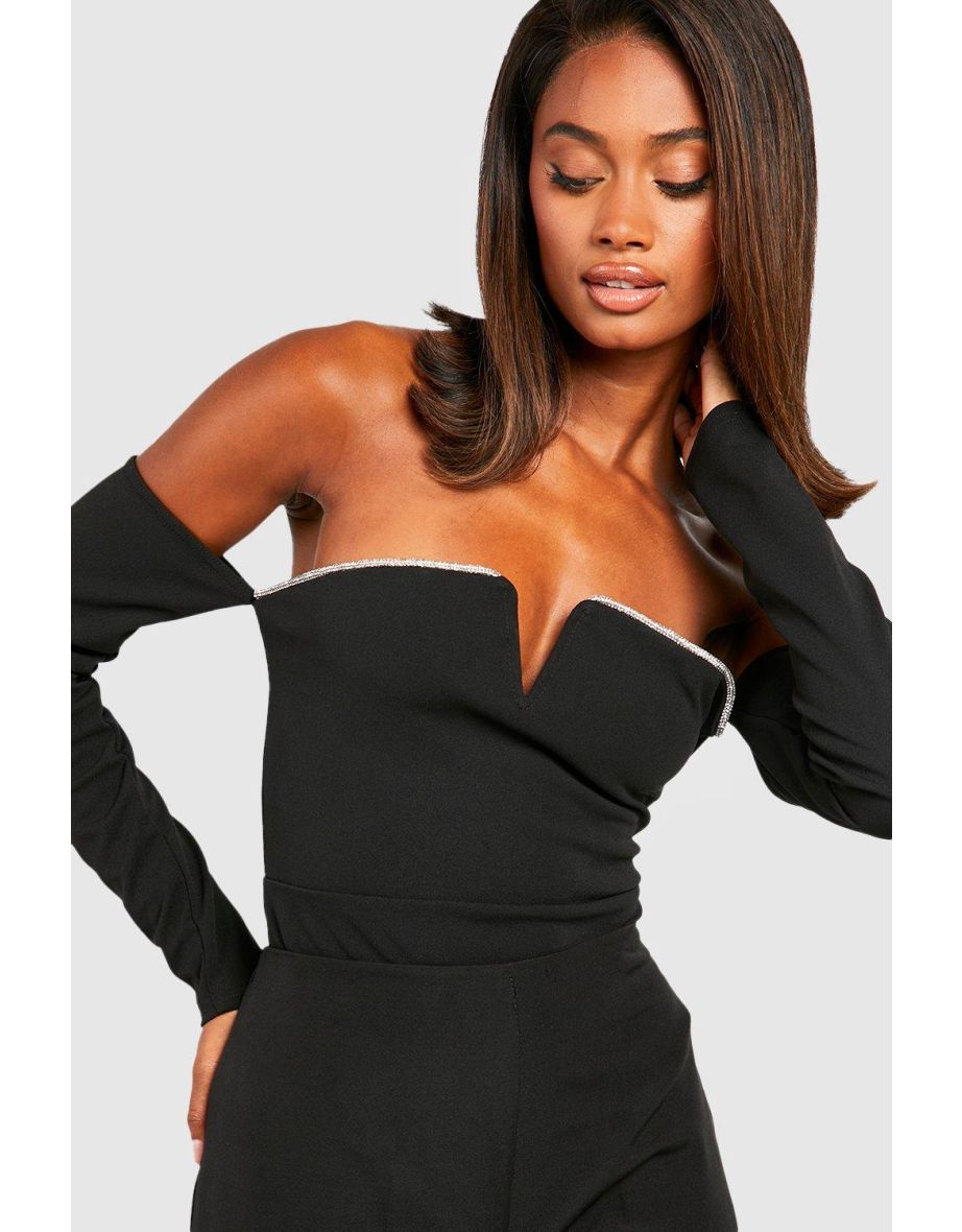 Diamante Trim Bardot Bodysuit - black - 3