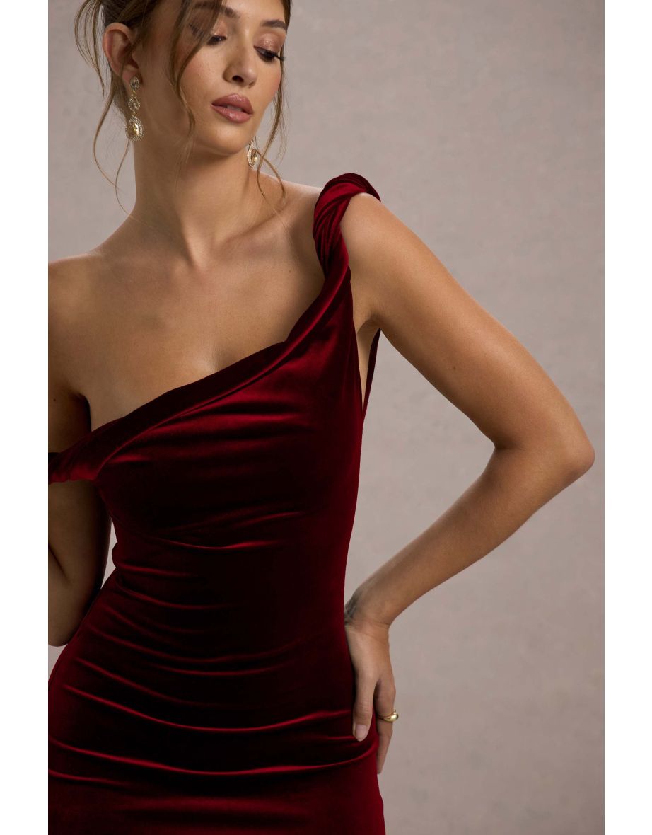 Carella | Berry Velvet Twisted Asymmetric Midaxi Dress - 5