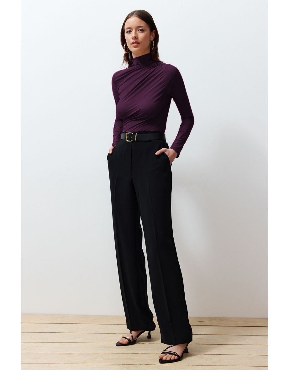 Plum Gathered Square Neck Fitted Stretchy Knitted Blouse