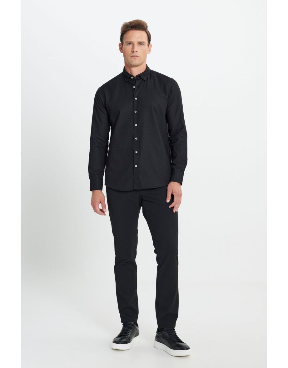 Men's Black Flannel Oxford Winter Slim Fit Slim Fit Button-down Collar Shirt