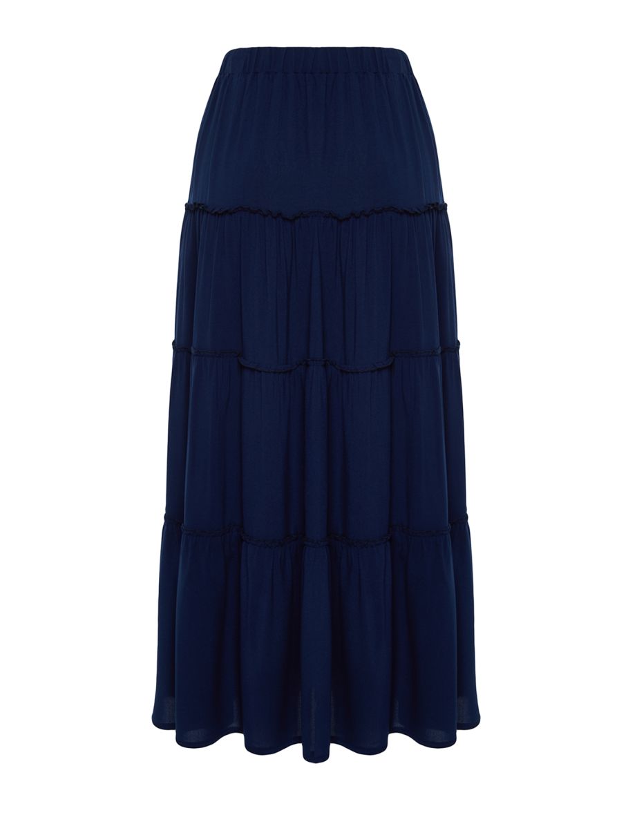 Navy Blue Gathered Waist Flared Maxi Length Woven Skirt - 7