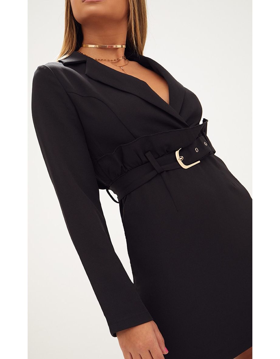 Black Frill Waist Belted Blazer Dress - 4