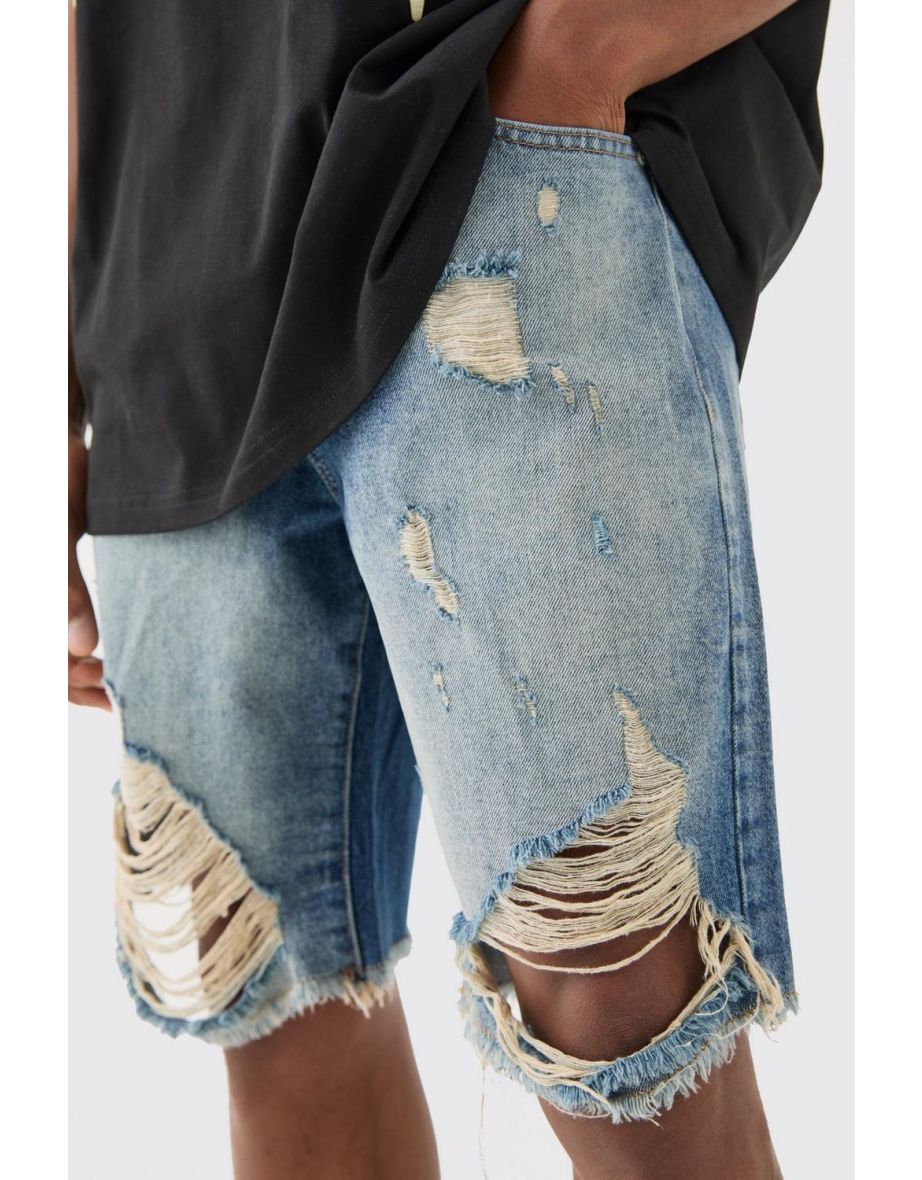 Relaxed Rigid Long Length Ripped Denim Shorts In Ice Blue - ice blue - 2
