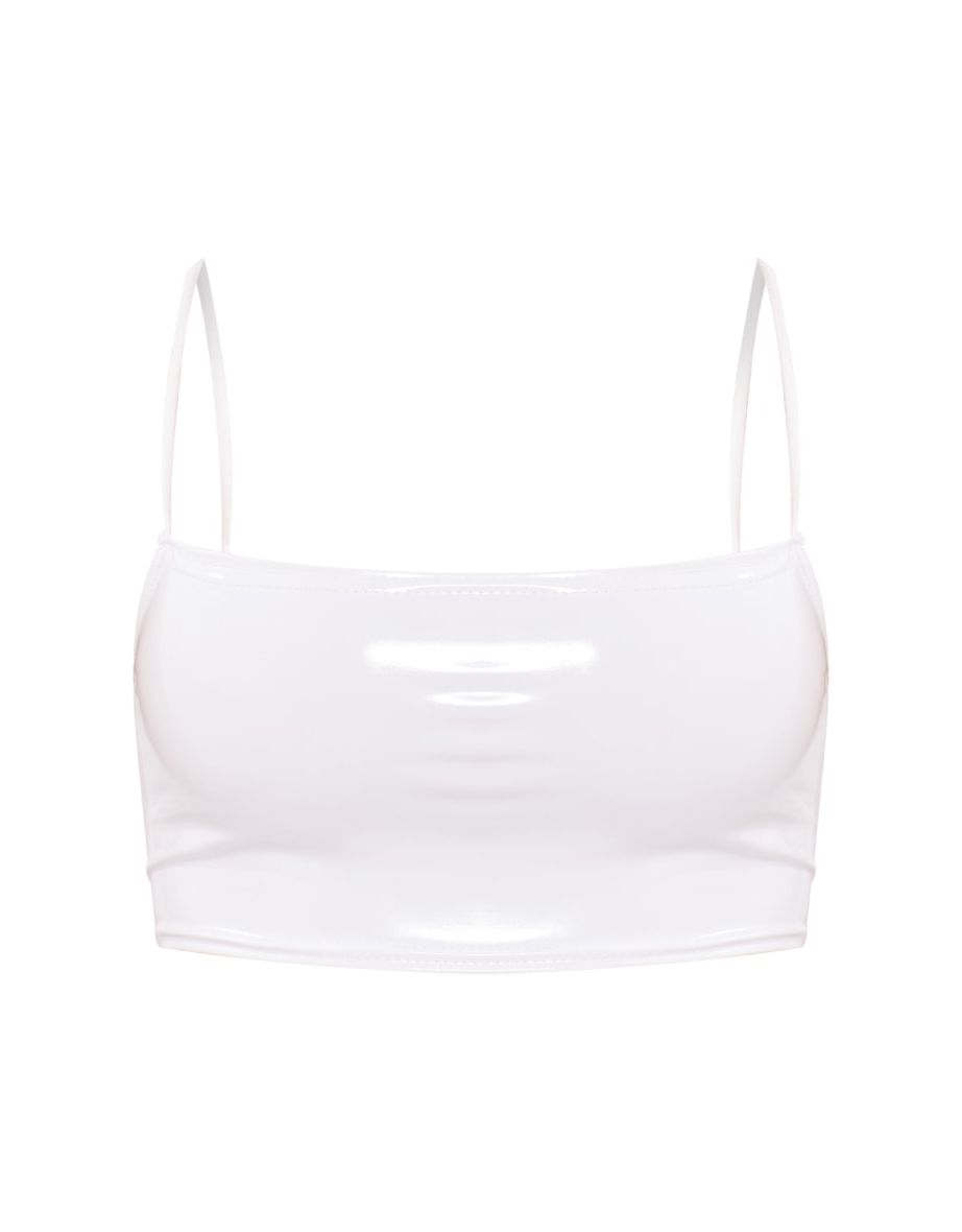 White Vinyl Spaghetti Strap Super Crop Top - 4