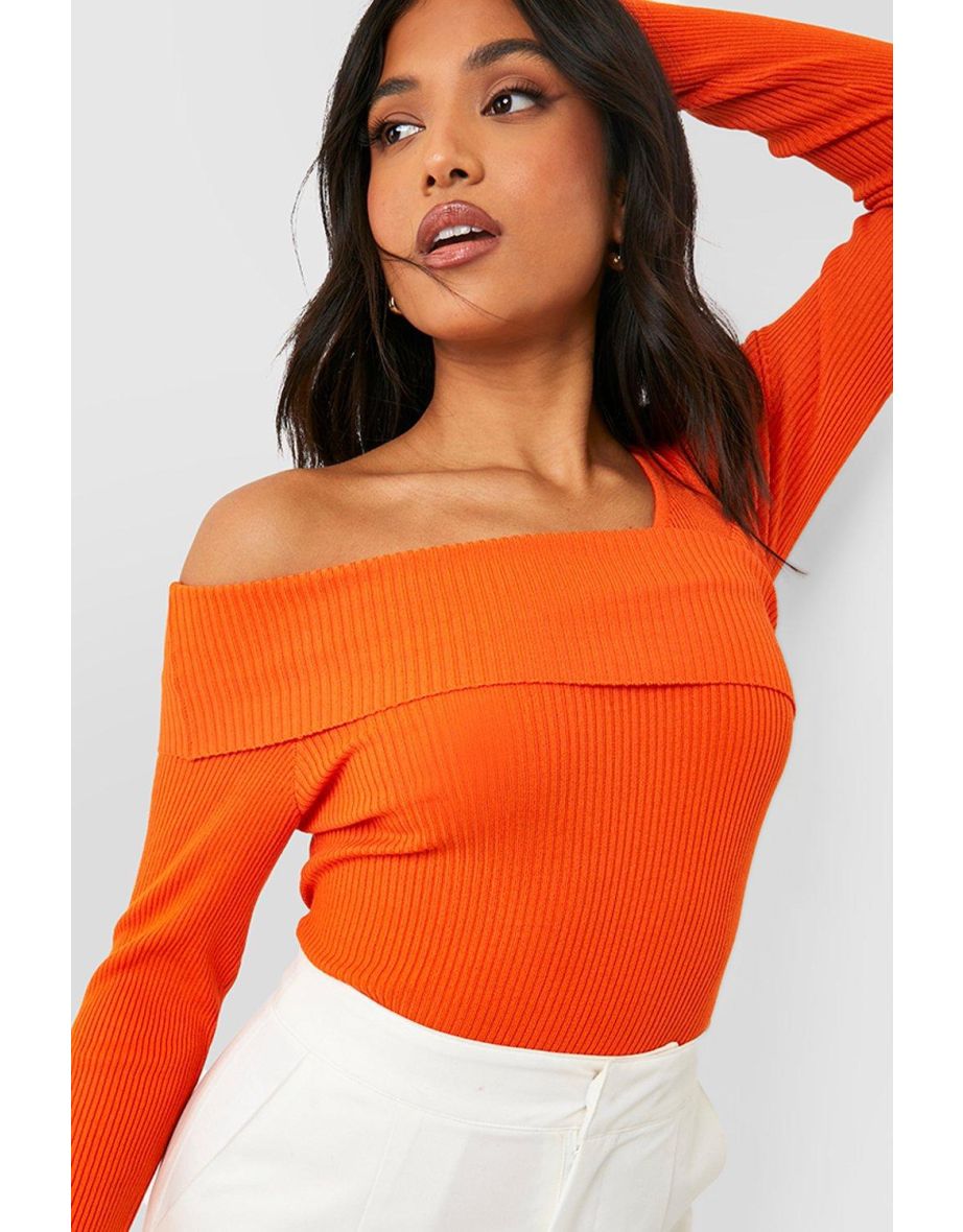 Petite Asymmetric Bardot Rib Knitted Bodysuit - orange - 3