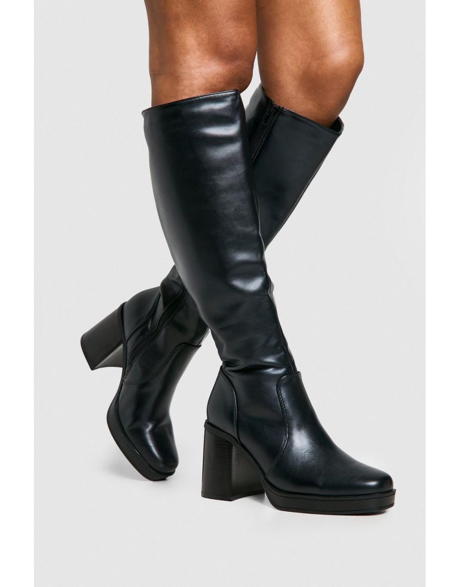 Knee High Platform Block Heel Boots - black