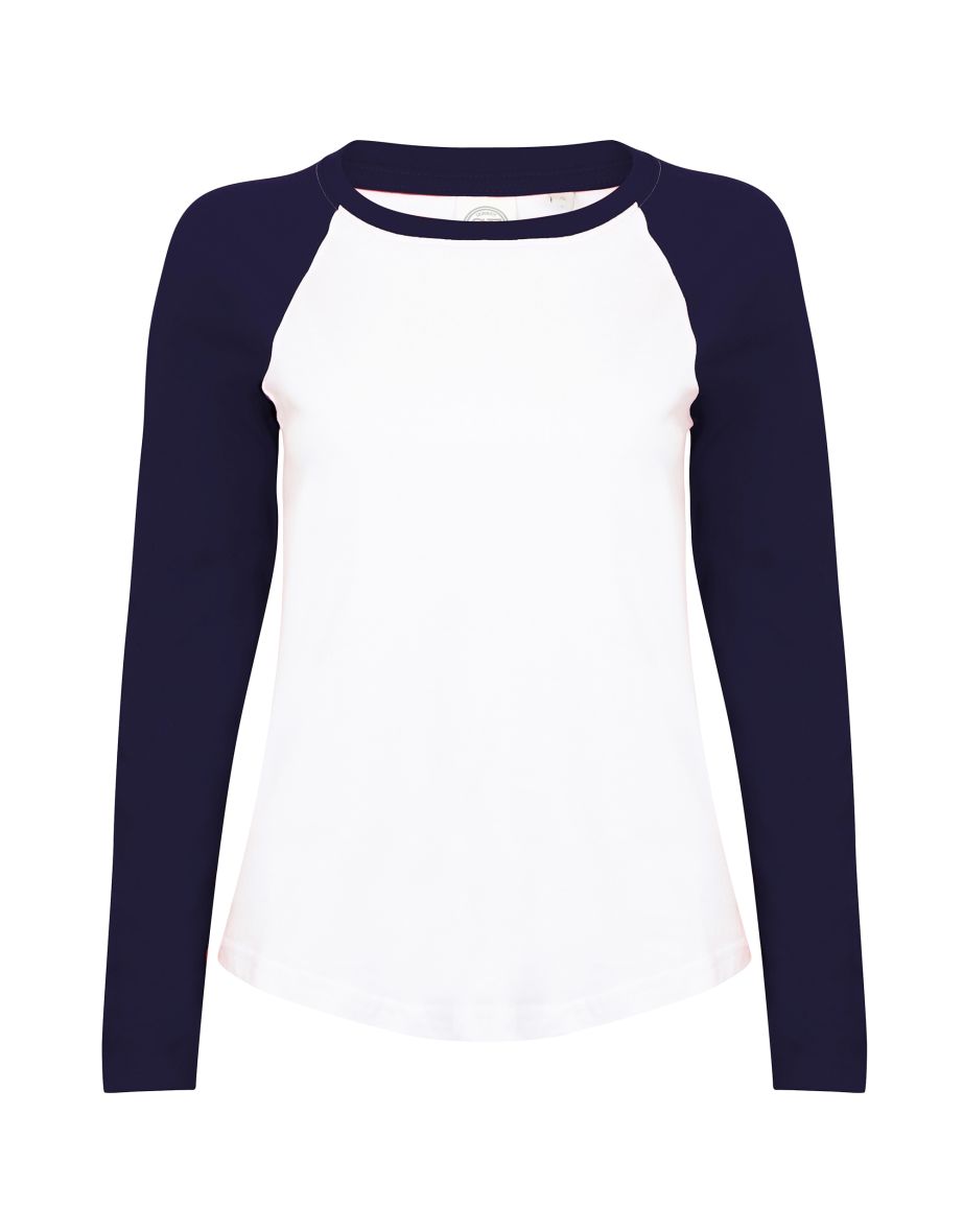 Skinnifit Womens/Ladies Long Sleeve Baseball T-Shirt - White /Oxford Navy