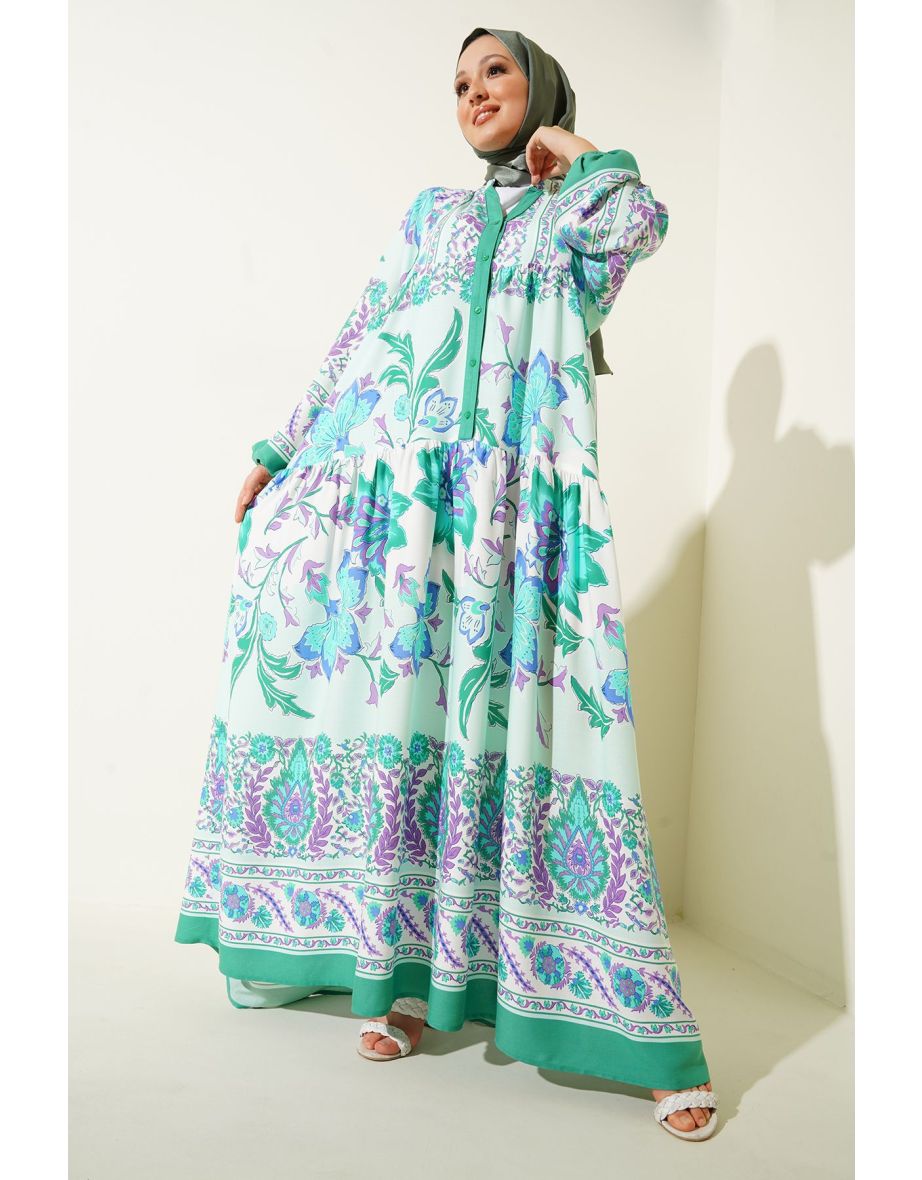 Green A-Line Midaxi Dress with Long Sleeves