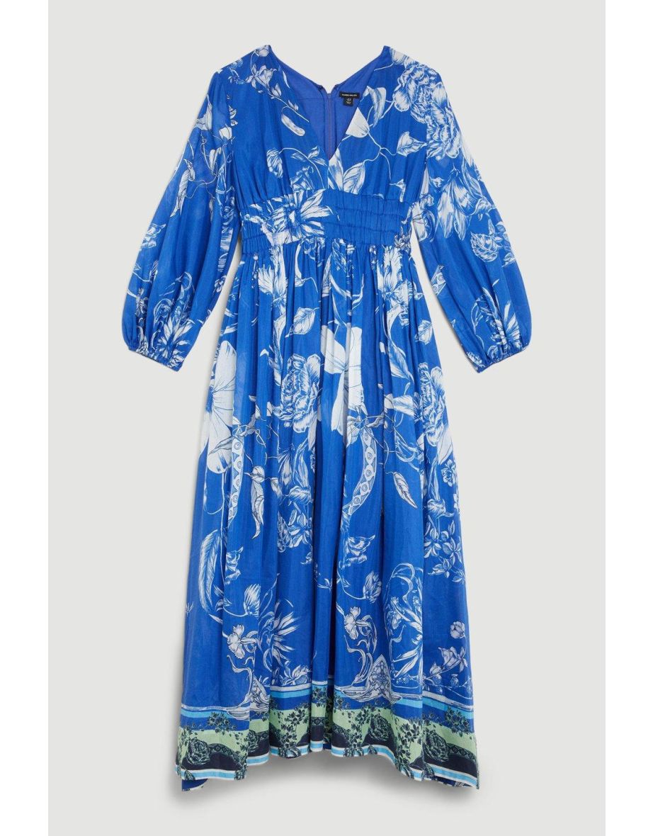 Placed Floral Balloon Sleeve Silk Cotton Maxi Dess - 3