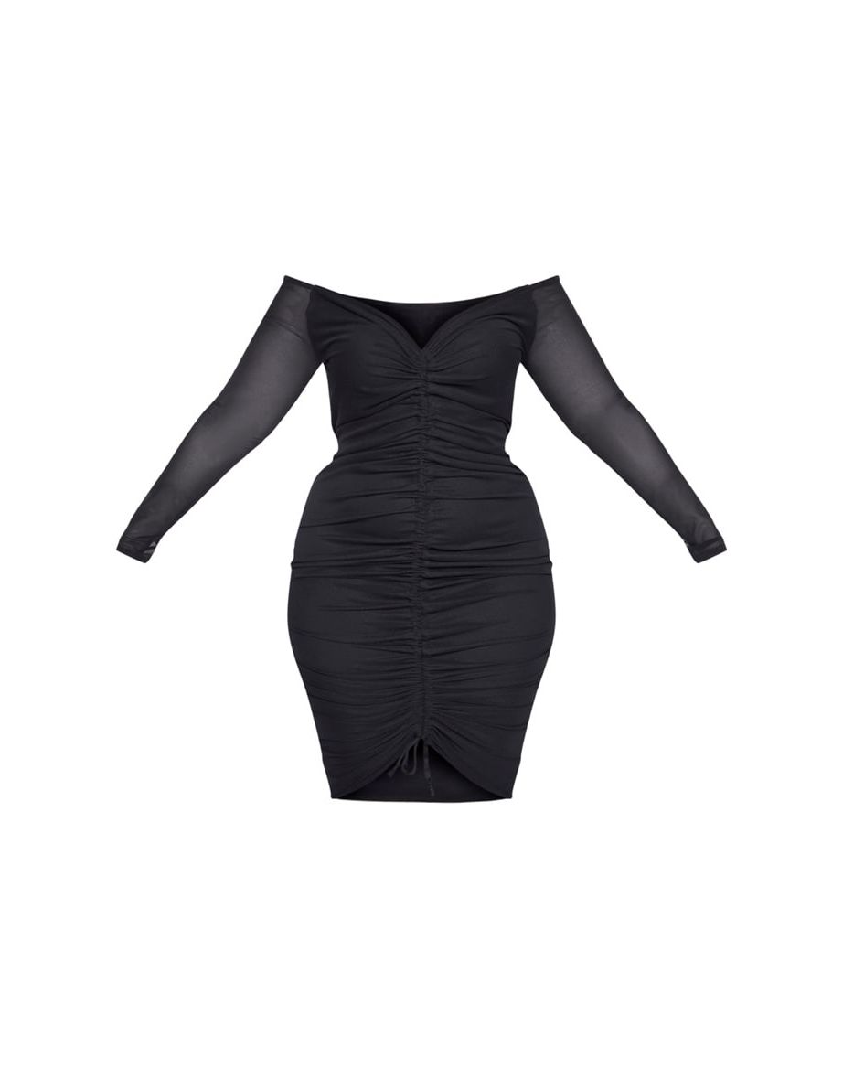 Plus Black Mesh Ruched Bardot Midi Dress - 4