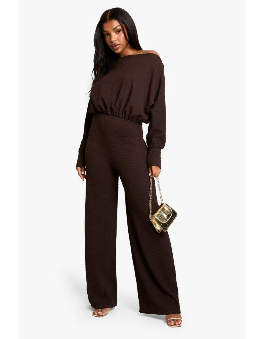 Cold Shoulder Wide Leg Textured Jumpsuit - brown