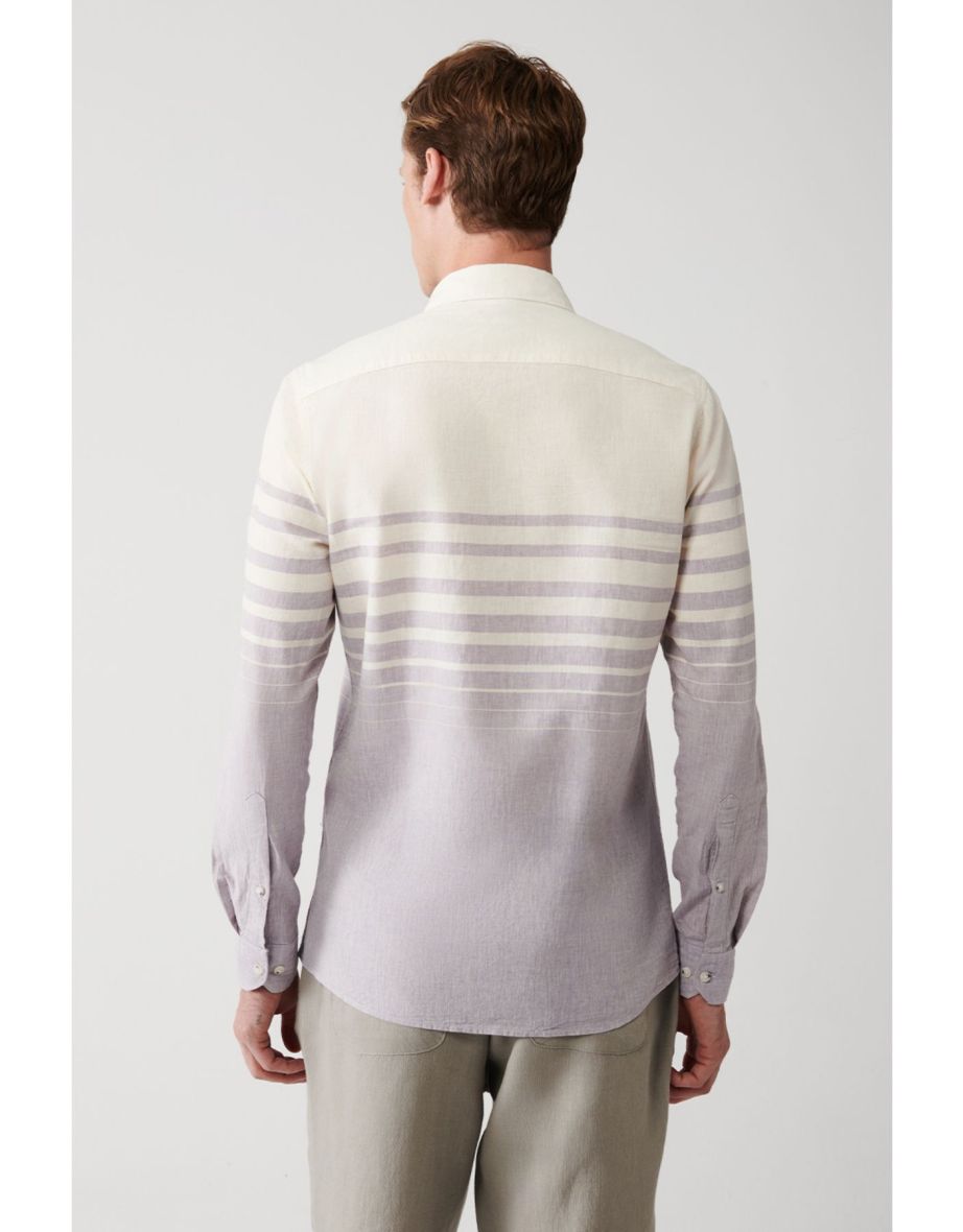Men's Light Purple Cotton Linen Blended Striped Shirt - 4