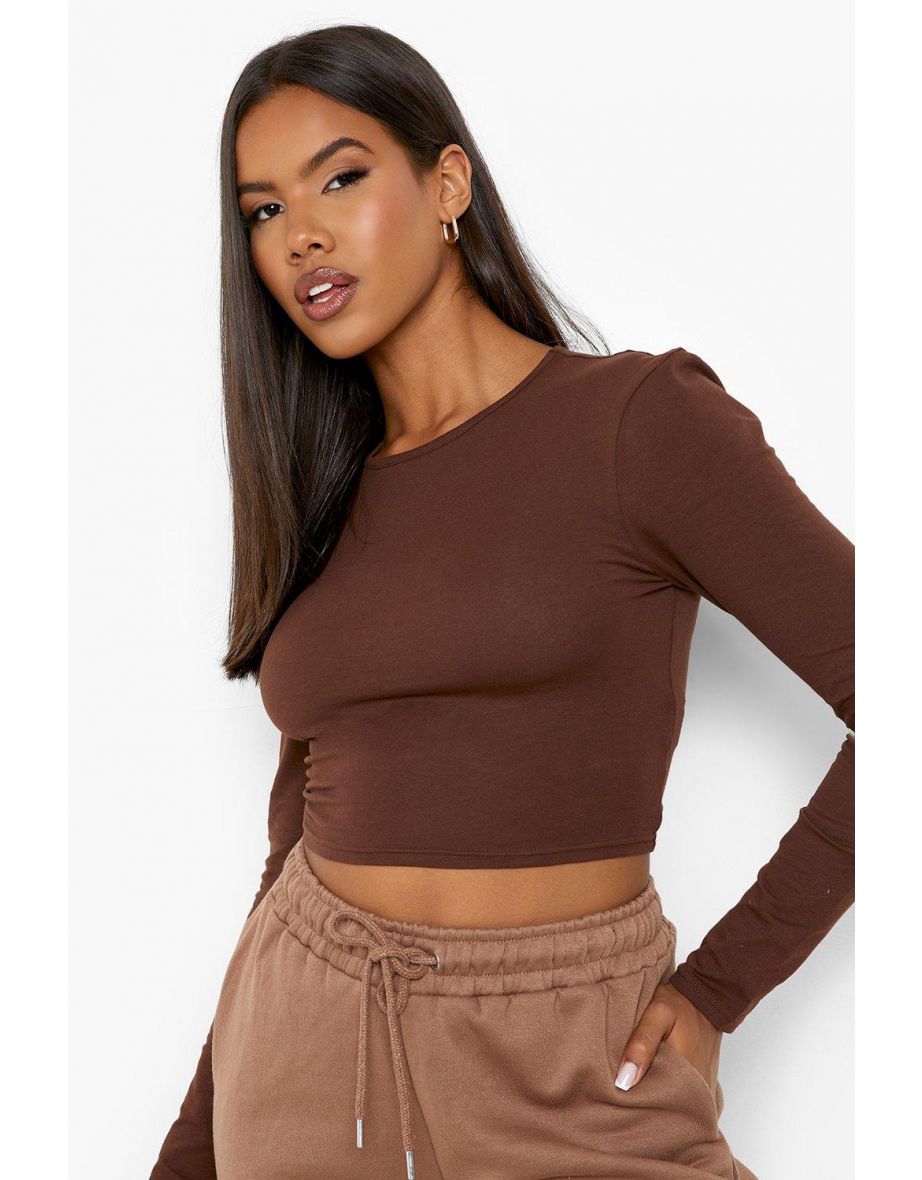 Basic Long Sleeve Crew Neck Top - chocolate