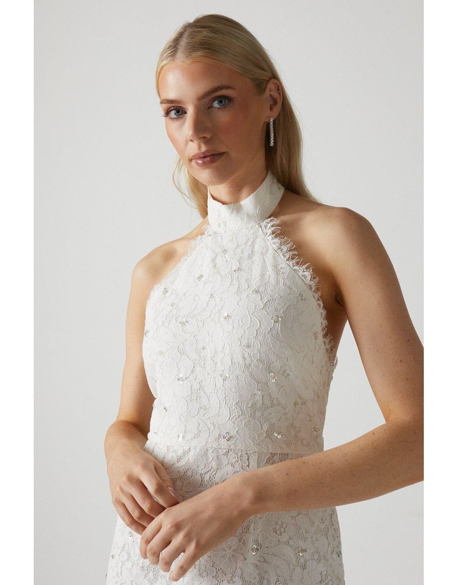 High Neck Embellished Lace Wedding Dress - 3