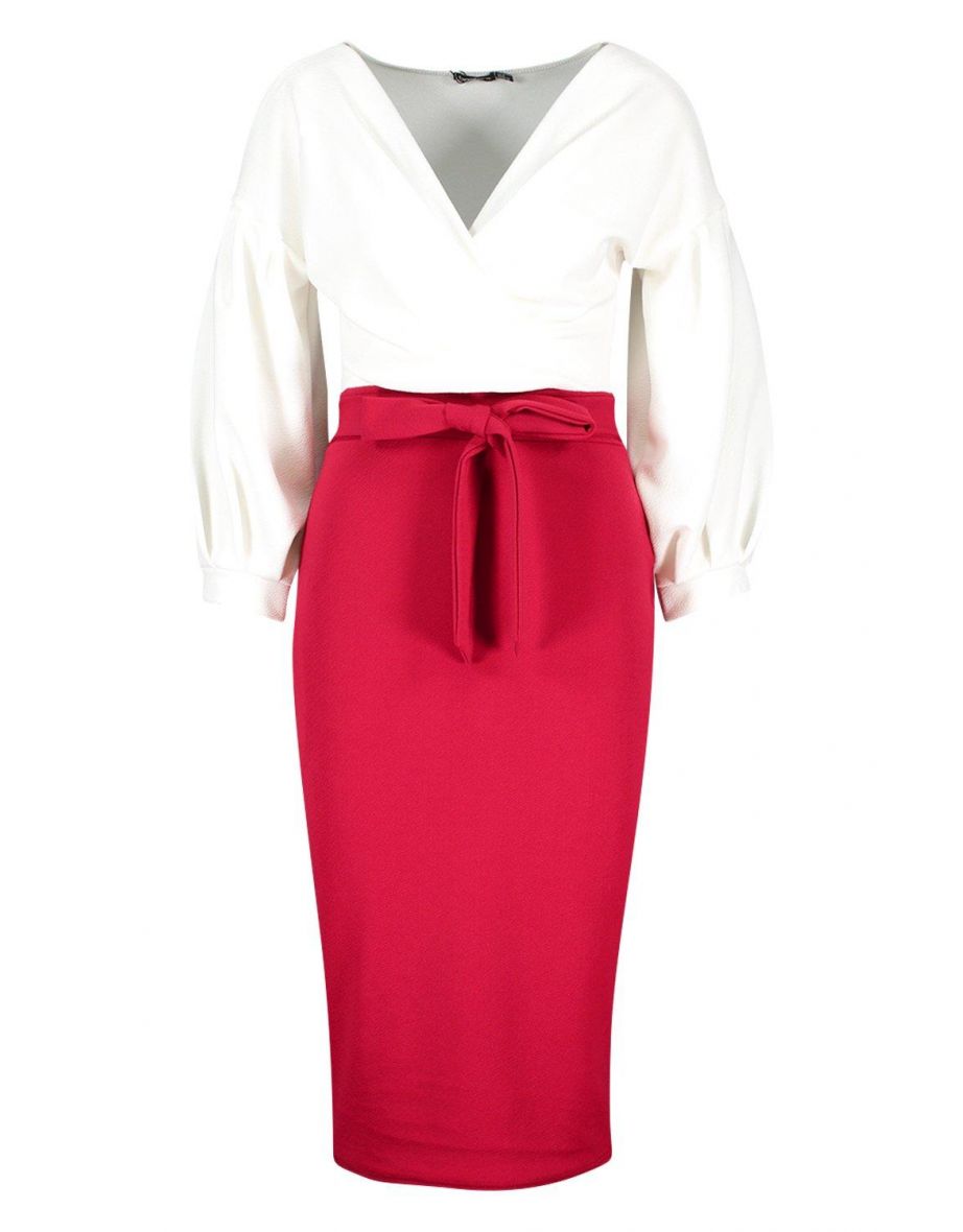 Contrast Off Shoulder Wrap Midi Dress - berry - 1