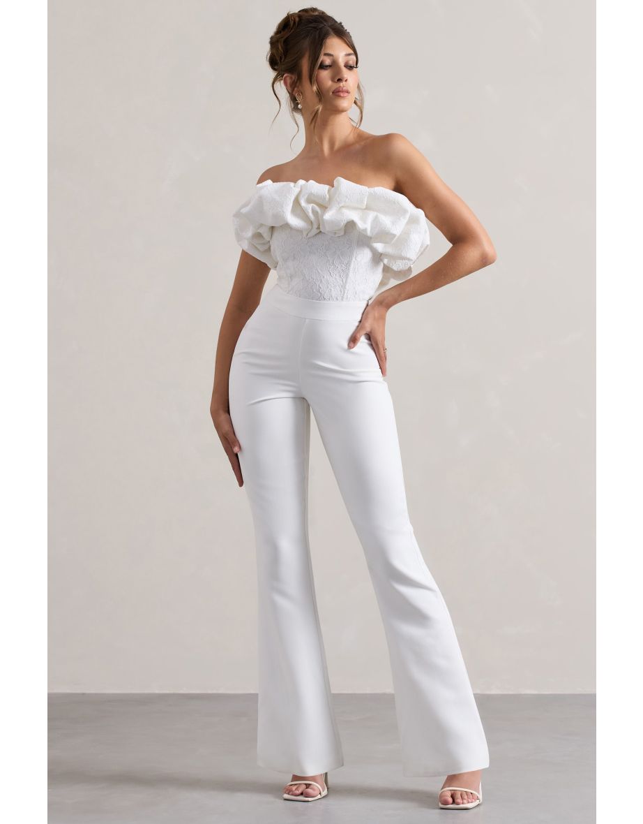 Shop Maddox White Strapless Ruffled Flared Leg Jumpsuit Online in Bahrain VogaCloset